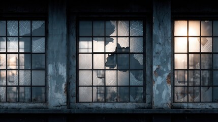 Naklejka premium Abandoned Industrial Building with Broken Windows and Sunlight Rays