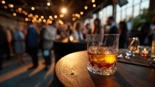 Glass of whiskey with ice on wooden cocktail table at elegant evening event or business party, warm lighting and blurred crowd in background, symbolizing social networking, celebration