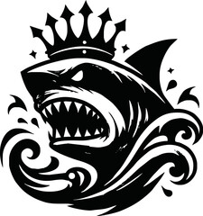 silhouette angry shark head with crown vector logo isolated on white background.Shark esport mascot logo design