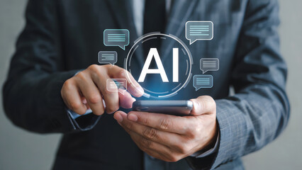 Businessman interacts with artificial intelligence chatbot on smartphone, showcasing modern tech and innovative communication within digital business applications.