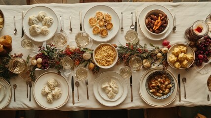 Festive table laden with diverse dishes, garnished with autumnal greenery
