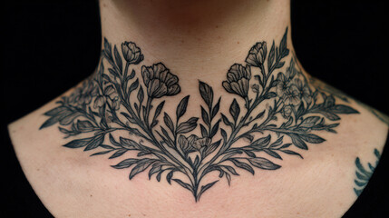 Floral neck tattoo with detailed black ink wildflower design covering front and sides of neck, showcasing intricate leaves and petals
