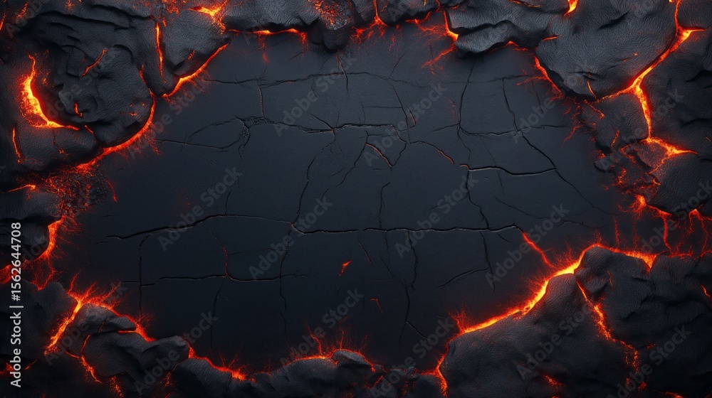 Fototapete dark mysterious background with glowing red lava cracks, charred wood texture, and space for text or
