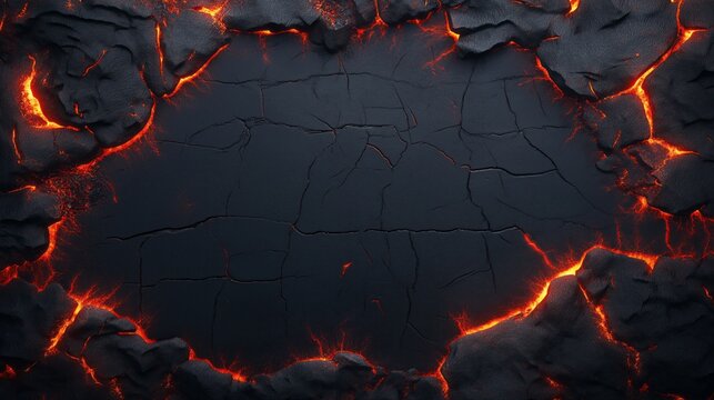 Dark mysterious background with glowing red lava cracks, charred wood texture, and space for text or design