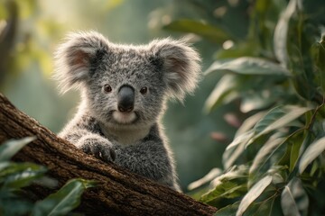 Obraz premium Koala Close-Up on Eucalyptus Branch — Australian Wildlife Portrait, Fur, Nature, Conservation