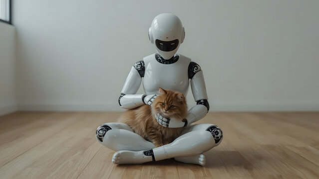 A humanoid robot gently cradles a ginger cat, sitting serenely on a wooden floor.