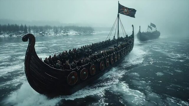 Two longships filled with warriors navigate icy waters, a misty landscape in the background