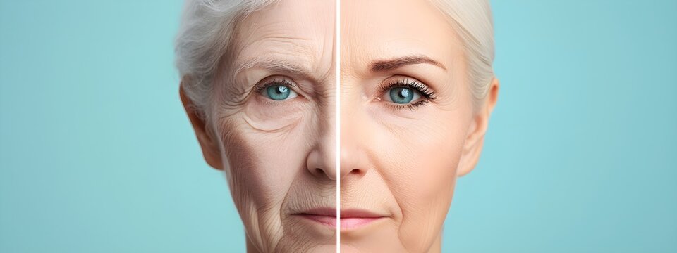 Woman's face split in half showing aging and younger skin. Before and after collage for anti-aging skincare and cosmetic procedures concept.