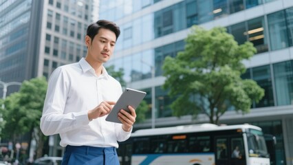 A man in formal attire using a tablet while standing on a city street with modern buildings and a bus in the background.