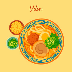 A vector illustration of Udon, a Japanese noodle soup served with tempura and vegetables. A traditional dish from Japan 