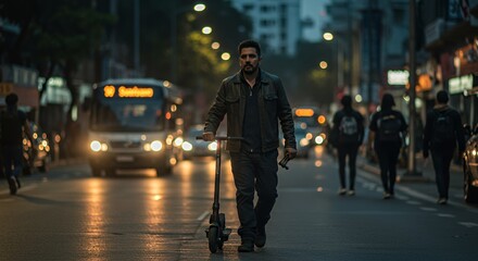 Man with a scooter walks down a city street at night, illuminated by streetlights and the glow of passing vehicles.