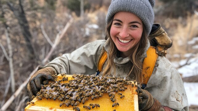 Beekeeper joyfully displays a vibrant honeycomb frame bustling with bees