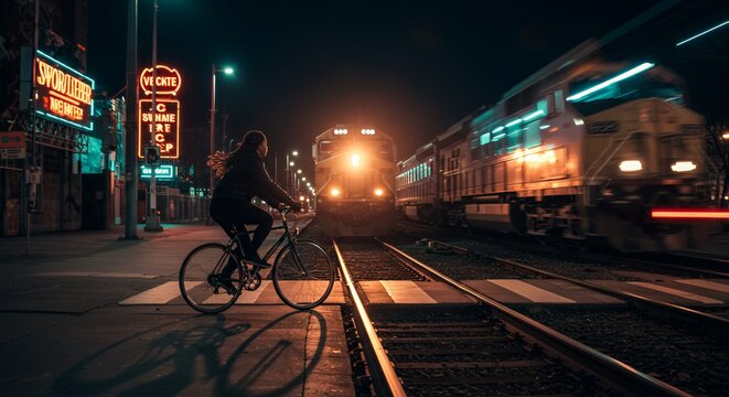 Night cyclist silhouetted against a speeding train, urban backdrop glowing with neon lights.