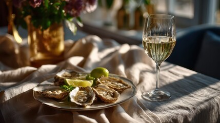 Fototapeta premium Plate of fresh oysters served with lime wedges and herbs next to a glass of chilled white wine on an elegant fabric-covered table, capturing a luxurious seafood dining experience in natural light