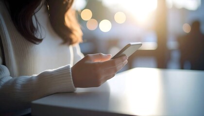 Woman Holding Smartphone, White Sweater, Sunlit Cafe, Mobile Technology