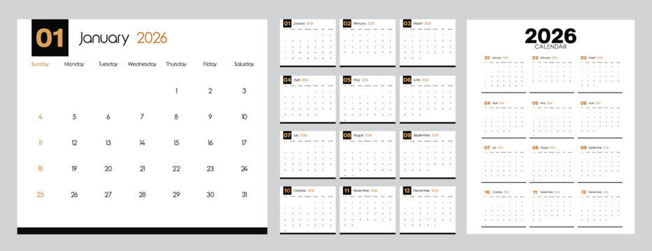 2026 calendar template clipart set. 12 months calendar in minimal lay out clip art collection with days and weekly schedule monthly pages design vector illustration. 
