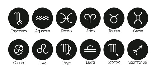 Zodiac signs horoscope icon clipart set. Birth month horoscope symbol with outline drawing clip art for astrology zodiac signs collection vector illustration. 
