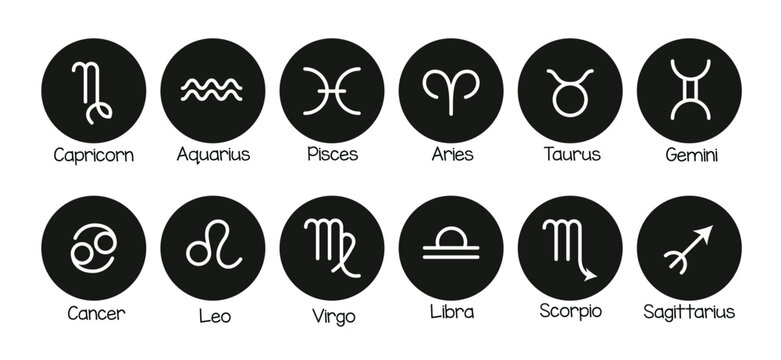 Zodiac signs horoscope icon clipart set. Birth month horoscope symbol with outline drawing clip art for astrology zodiac signs collection vector illustration.