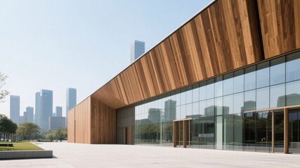 Fototapeta premium Modern building with wooden facade and glass windows, set against an urban skyline.