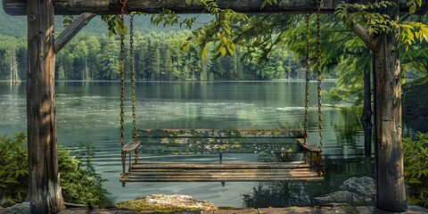 Wooden Swing Over Lake with Forest Background