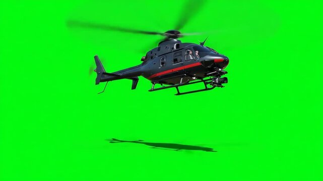 Black military helicopter Hovering Rapidly Over Green Screen Background with Rotating Blades