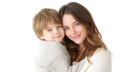 A joyful mother and her son embrace each other in a bright. minimalist setting. showcasing their love and connection. perfect for family-oriented content and emotional storytelling