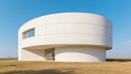 Fototapeta premium Modern Circular Building with White Facade and Large Windows Set Against a Clear Sky