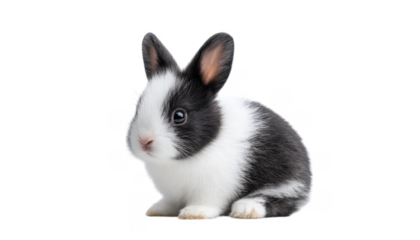 A cute black and white rabbit sitting gracefully against a clean white background. showcasing its adorable features and curious expression. ideal for animal-themed projects or illustrations