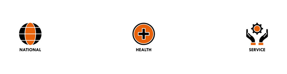 NHS banner web icon vector illustration concept of national health service with icon of globe, hospital, health insurance, ambulance, patient, and medical apps
