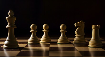 Strategic Chess Setup: King, Pawns, Knight, and Rook on Dark Board