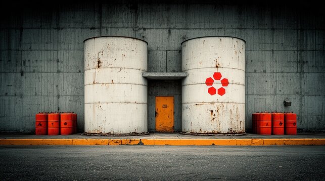 Industrial Storage Tanks Against Concrete Wall with Red Barrels