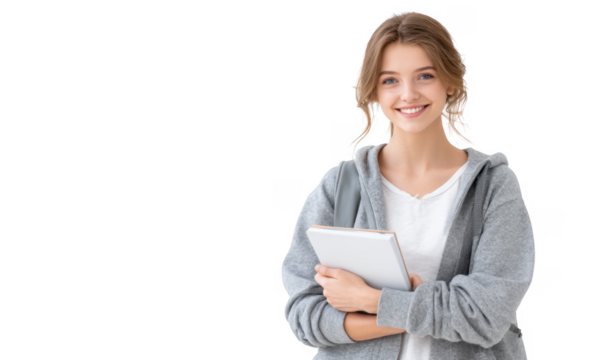A cheerful young woman wearing a grey hoodie and carrying a backpack. holding a notebook. standing against a plain white background. conveying a sense of positivity and readiness for learning