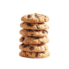 A stack of freshly baked chocolate chip cookies arranged neatly against a white background. showcasing their golden-brown texture and melty chocolate pieces. ideal for dessert photography or baking ar
