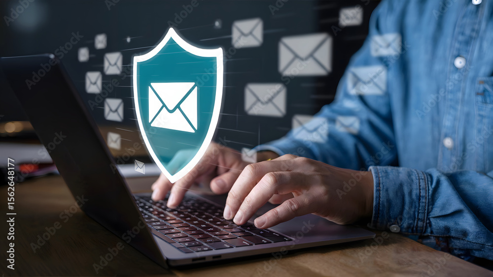 Wall mural an email data security concept featuring a man typing on a laptop keyboard with an email protection 