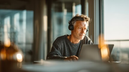 Focused mature man with glasses and headphones working on a laptop at home in a bright modern apartment, surrounded by books and natural light, symbolizing remote work and creative productivity