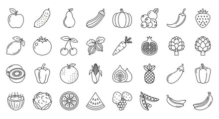 Set of different outline fruits and vegetables isolated on white