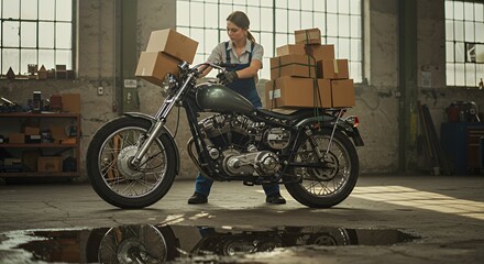 Female courier prepares a motorcycle for delivery, loading numerous packages in a gritty industrial setting.