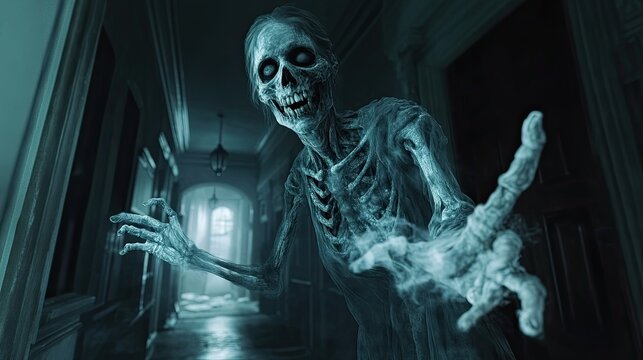 Spooky ghostly figure in old house hallway