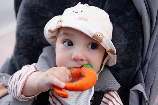 Baby chewing carrot teether while sitting in stroller