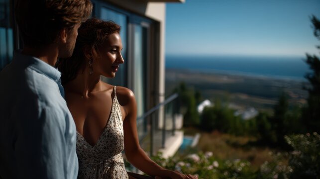 Romantic couple standing together on a balcony of a modern villa, gazing at a scenic coastal landscape with ocean and mountains under a clear blue sky during a serene summer getaway