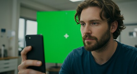 Focused young man intently reviewing content on his smartphone against a vibrant green backdrop.