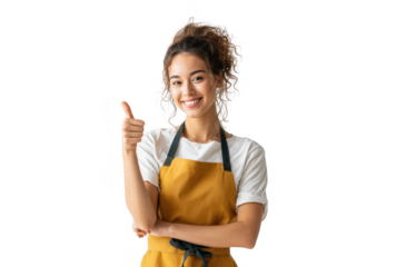 A cheerful young woman with curly hair wearing a gray apron gives a thumbs-up gesture. symbolizing positivity and confidence. set against a clean. white background. ideal for motivational themes