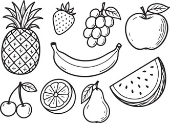 Various fruit illustrations in black and white line art. 