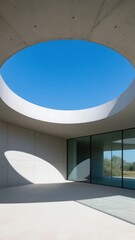 Modern architectural space featuring a large circular skylight and glass walls