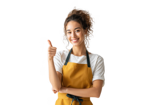 A cheerful young woman with curly hair wearing a gray apron gives a thumbs-up gesture. symbolizing positivity and confidence. set against a clean. white background. ideal for motivational themes