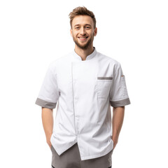 Fototapeta premium A cheerful male chef in a white uniform stands confidently with hands in pockets against a plain background. showcasing a friendly demeanor. ideal for culinary-related content or cooking tutorials