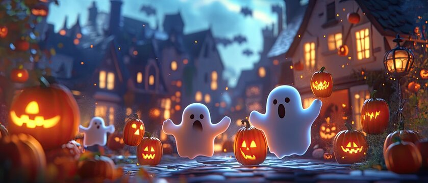 Spooky halloween ghosts in a european town