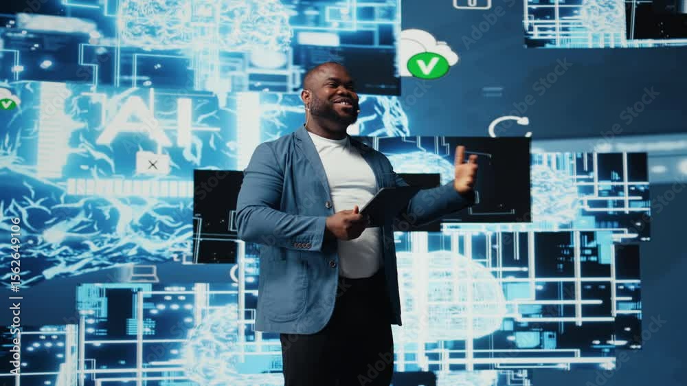 Poster black public speaker host presenting ai neural networks at live event, sharing insight on machine le