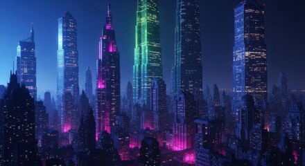 Fototapeta premium Futuristic Cityscape with Vibrant Neon Skyscrapers and Dazzling City Lights