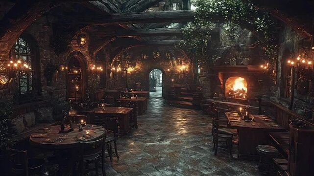 Dark, rustic tavern interior with stone walls, wooden tables, fireplace, and candlelight